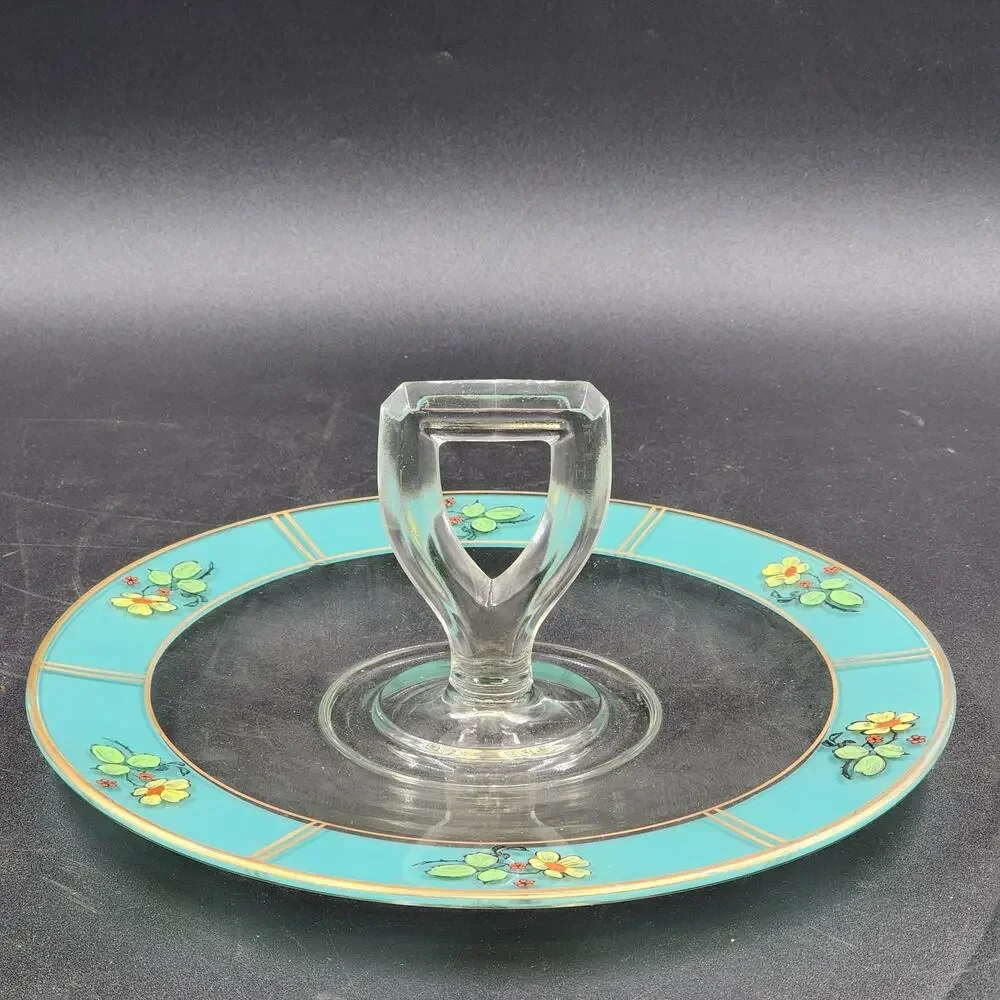 Reverse Painted Glass Tidbit Tray French Cottage Blue MCM Serving Tray 11